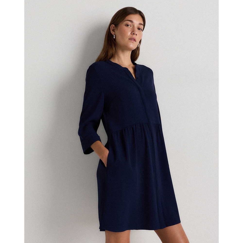 Quince Stretch Crepe Shirt Dress Textured Navy Blue Drop Waist Pocketed Small